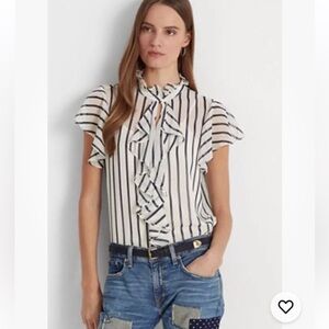 Ralph Lauren Black Lable Sz S Blouse Striped Ruffle-Trim Chiffon Blue/Off White